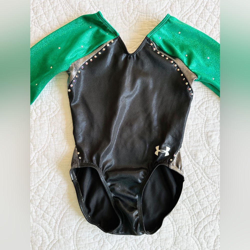 Under Armour CM Green Black Leotard Long Sleeve Rhinestone Gymnastic Competition